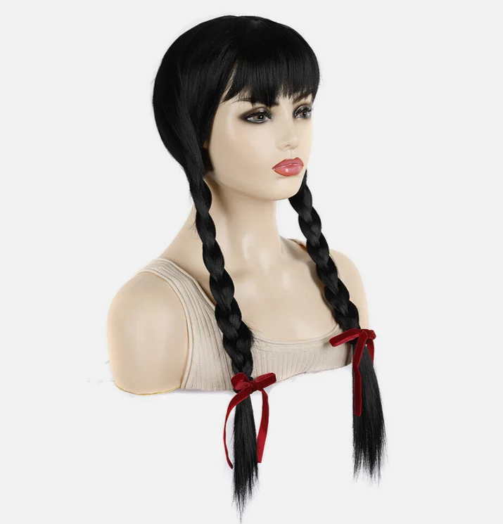 Long Black Hair Wigs with Bangs Two Braids Orange Wigs Costume Cosplay Party Wig