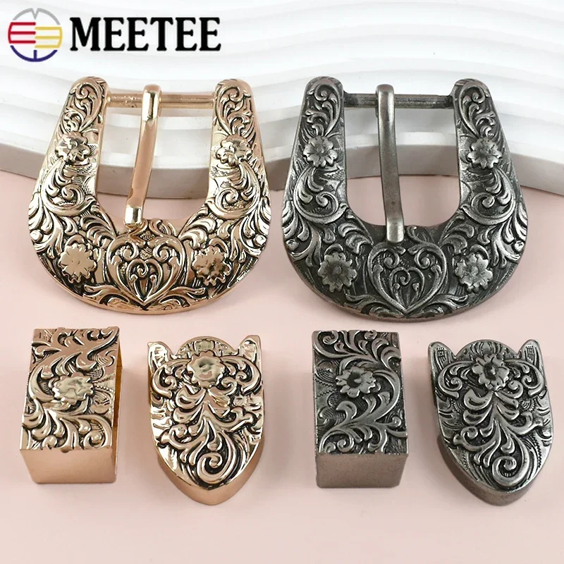 1Set Deepeel 25mm Vintage Metal Belt Buckles Kit Leather Waistband Pin Buckle Pattern Carving Loop Clasp Hardware Accessories