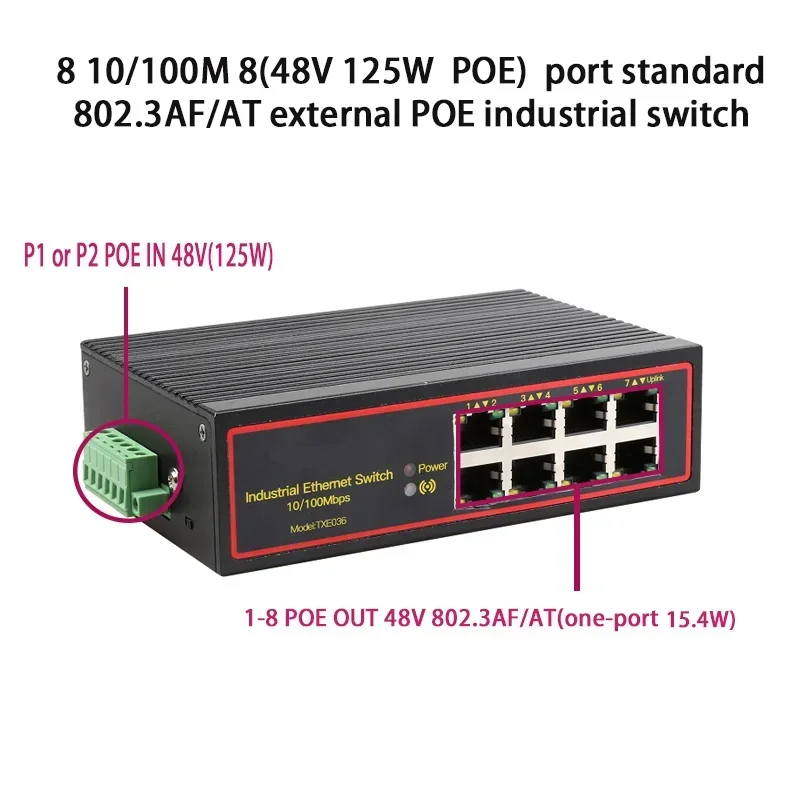 Conmutador POE de 48 salidas/48V con protocolo estándar 802.3AF/AT, conmutador POE Ethernet Industrial de 8 puertos 10/100Mbps