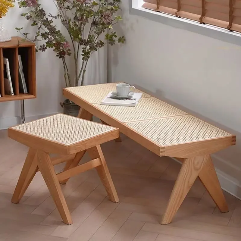 Rattan bench Nordic solid wood house silent wind shoe changing stool rattan double rattan long strip K stool single double tripl