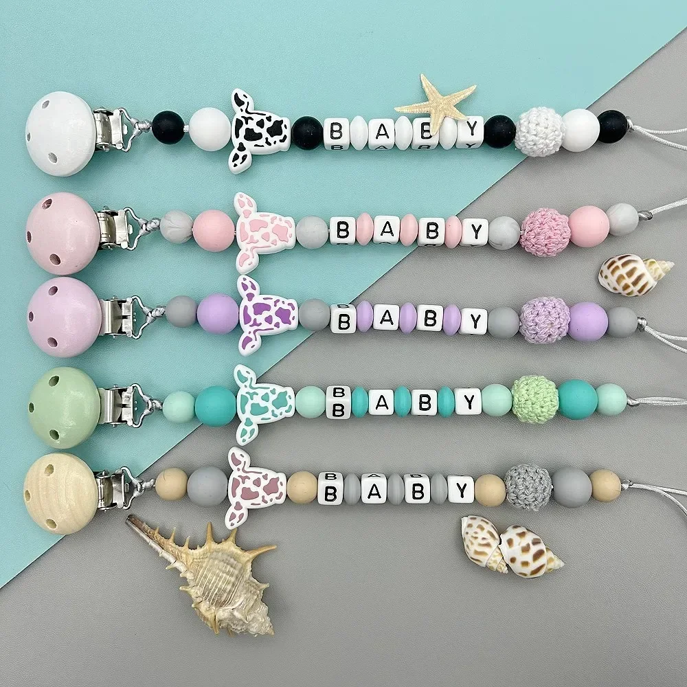 Custom English Acrylic Letter Name Silicone Cow Head Beads Baby Pacifier Chain Clip Teether Pendants Kawaii Baby Creative Gifts