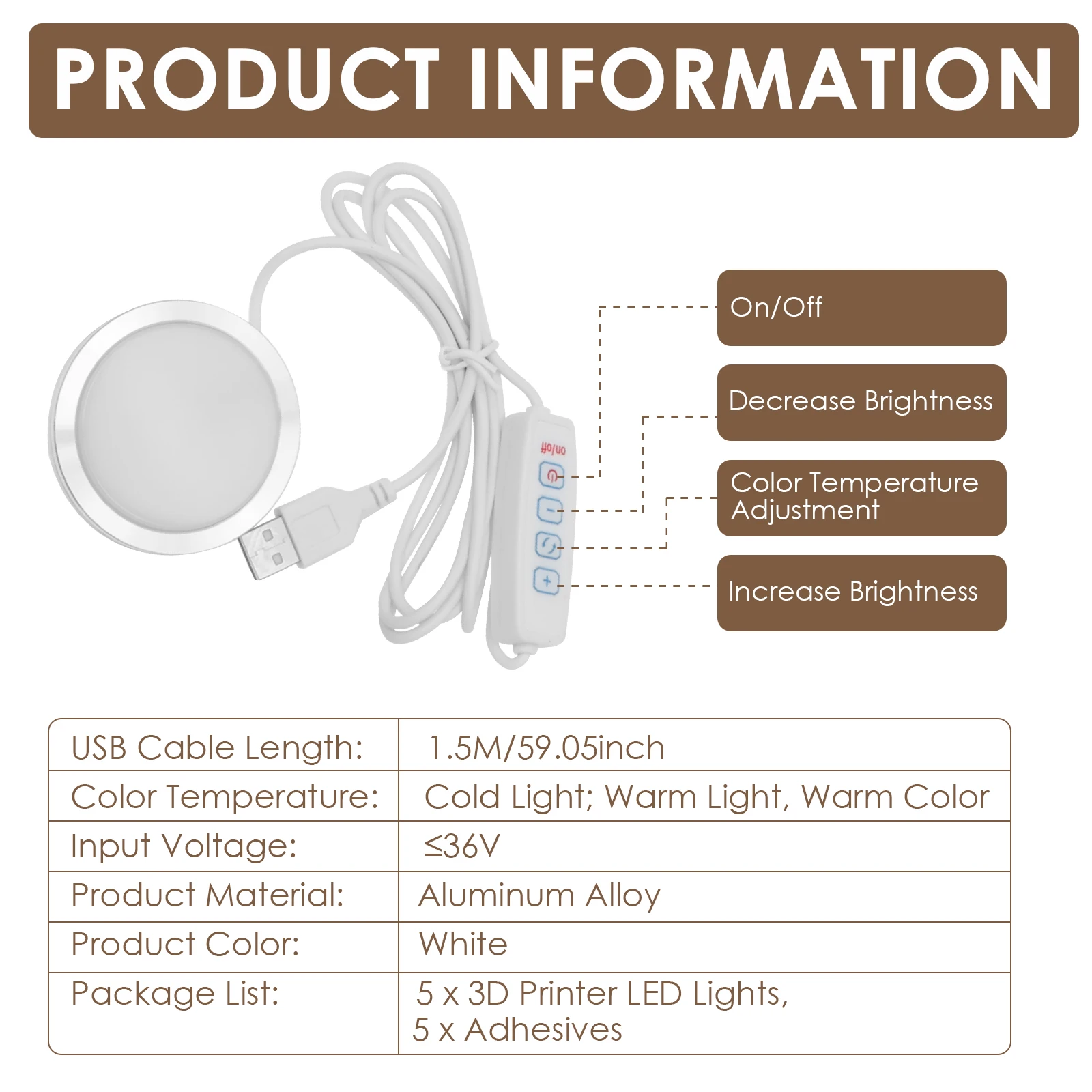 LED Lighting Kit Compatible with Bambu Lab Lamp Kit 001 3D Printed Lamp USB 3 Color Dimmable Flicker-Free Eye Protection 240LM