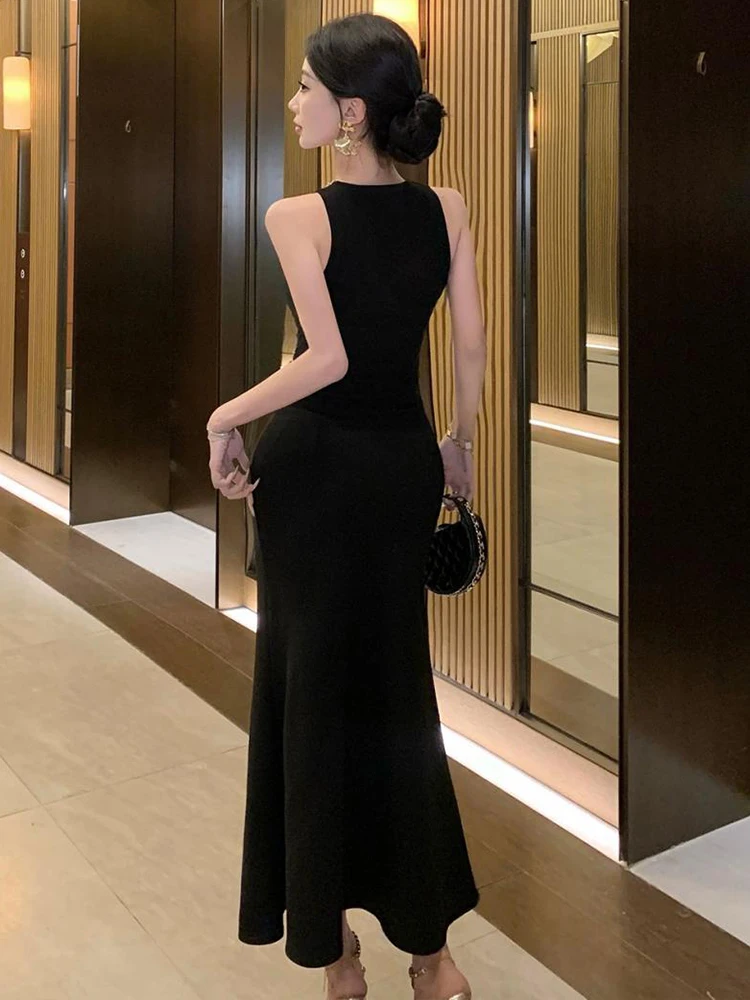 Frauen Kleidung Schwarz Sexy Ärmellose Dünne Kleid Abendkleid Elegante Luxus Dame Party Geburtstag Vestido Lange Robe Casual Sommer