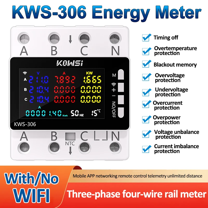 KWS-306 Power Meter 3 Phase 4 Wire Color Screen Multi-function AC 85-290V Energy Power Voltmeter Voltage Amps Watt Kwh Meter
