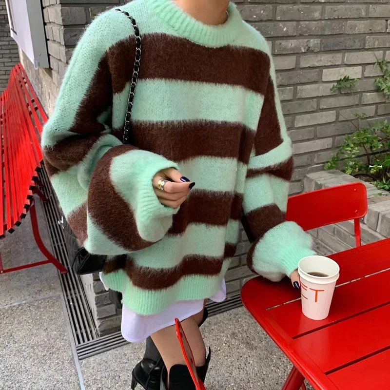 Puff Sleeve Knitted Sweater Women Korean Striped Vintage Pullover Ladies Tops Women\'s Clothing Round Neck Autumn Winter Jumper