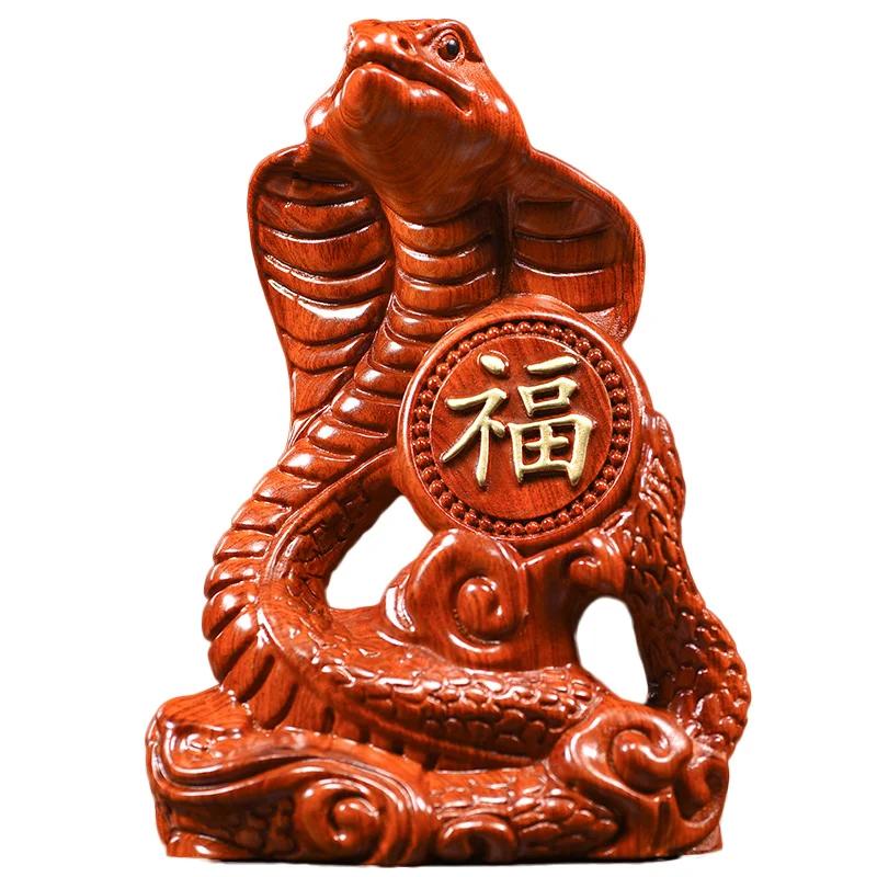 Wood carving snake ornament Solid wood carving Zodiac home decoration Living room desktop ornament Office craft gifts