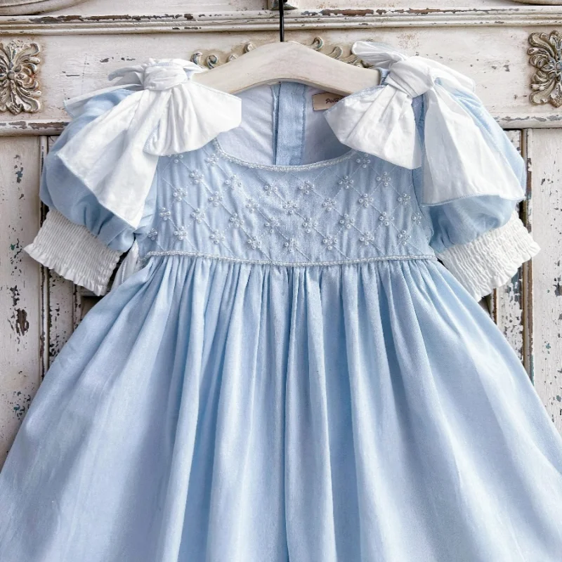 Princess wind light blue cotton and linen handmade beaded girls  short-sleeved dress - AliExpress 1501
