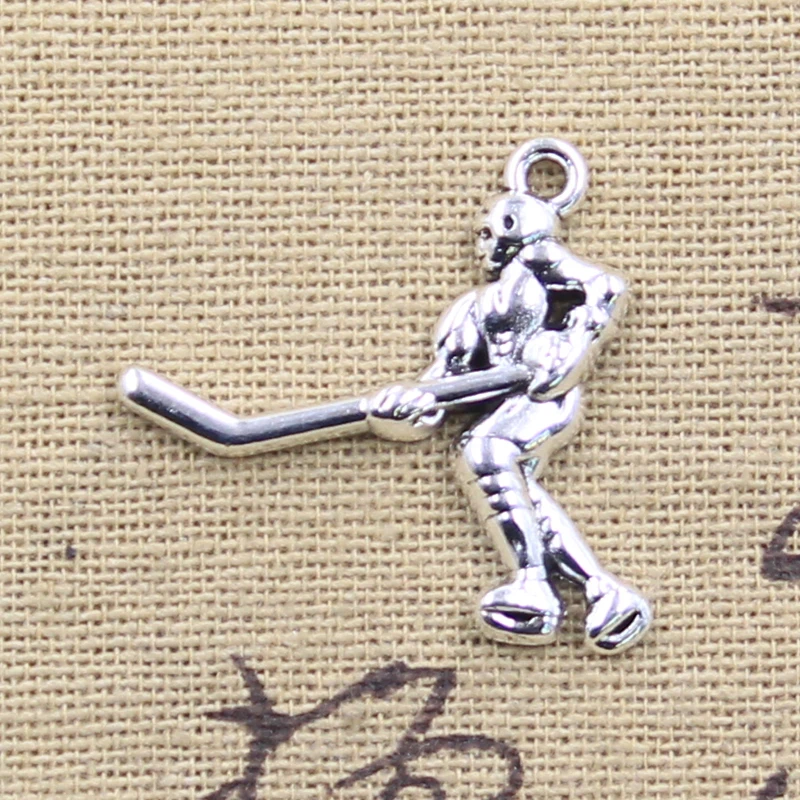 15pcs Charms Hockey Player Sporter 27x26mm Antique Silver Color Pendants DIY Crafts Making Findings Handmade Tibetan Jewelry