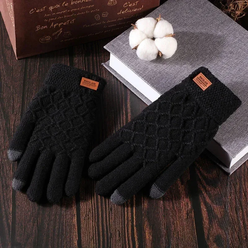 Autumn Winter Version of The Touch Screen Knitted Wool Plus Velvet Thickening Outdoor Riding Gloves for Men Accessories Gifts