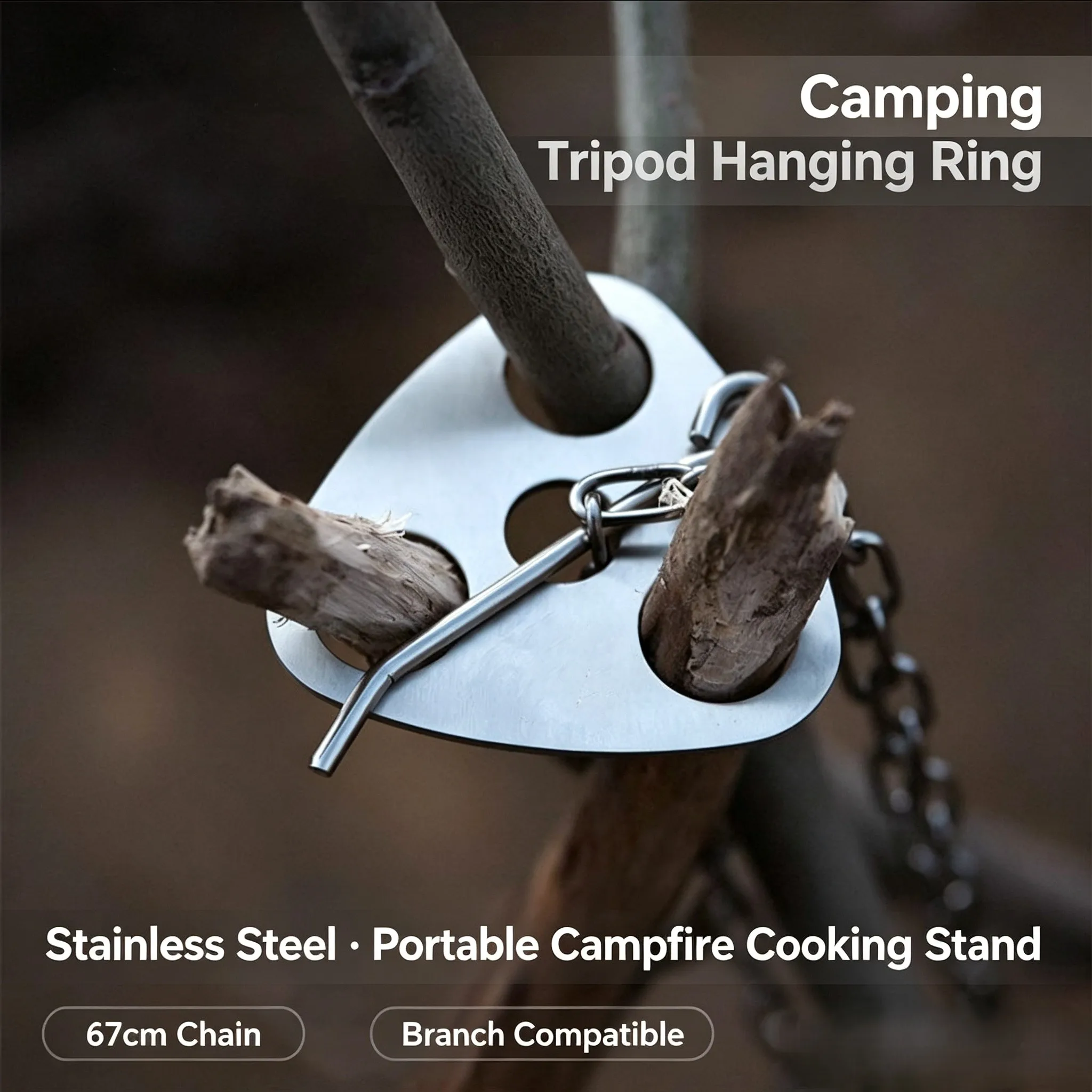 Outdoor Camping Tripod Hanging Pot Bracket Stainless Steel Campfire Stand with 67cm Chain for Picnic Backpacking
