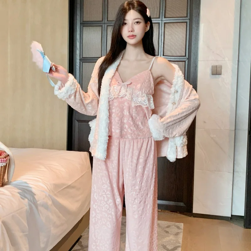 Sexy Pajamas for Women 2025 New Home 3-Piece Set Double sided Velvet Warm Autumn and Winter Leopard Pattern Pajamas