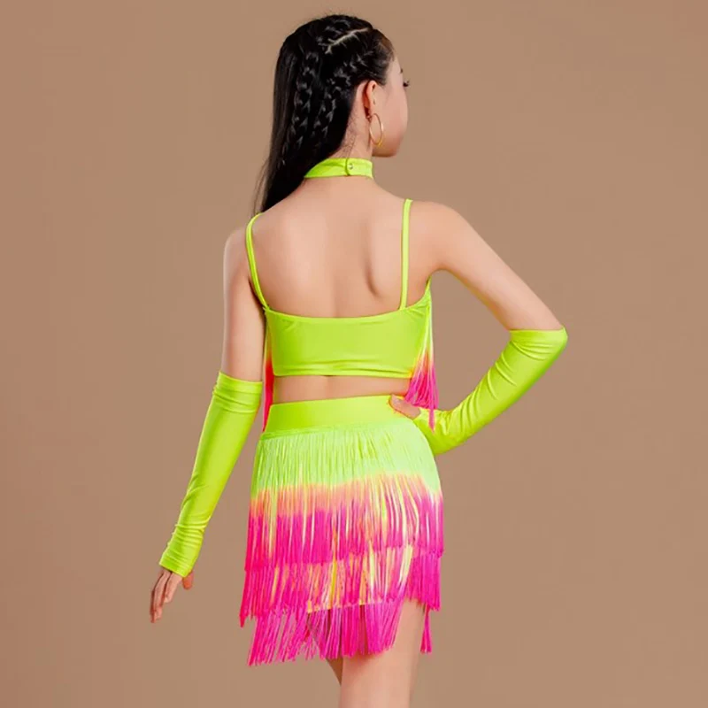 

Детский костюм для латинских танцев для девочек, жилет с градиентом и кисточками, топ и юбка, костюмы, детская одежда для соревнований по румбе и чачи, одежда для танцев