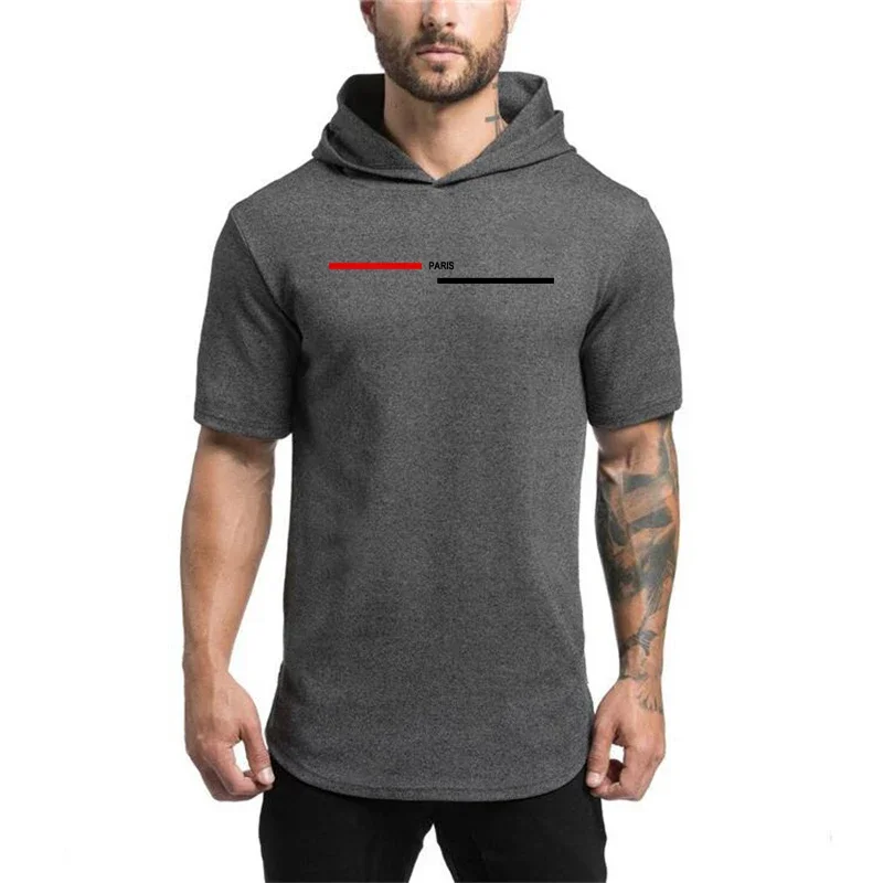 

Gym Bodybuilding Fashion Hooded T-Shirts Mens Sport Fitness Workout Muscle Shirts Summer Breathable Cotton Short Sleeve Hoodie