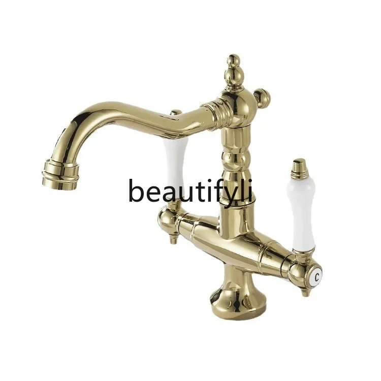 

Retro faucet European gold double handle bathroom wash basin faucet ceramic single hole faucet