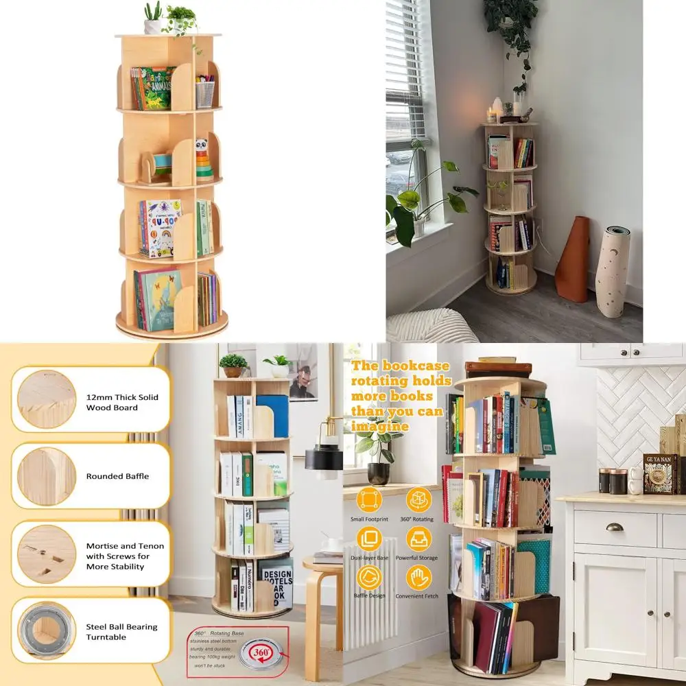 

Solid Wood 4-Tier Rotating Bookshelf for Kids - Stackable, Revolving Display Tower with 360-Degree Spin for Easy Access and Orga