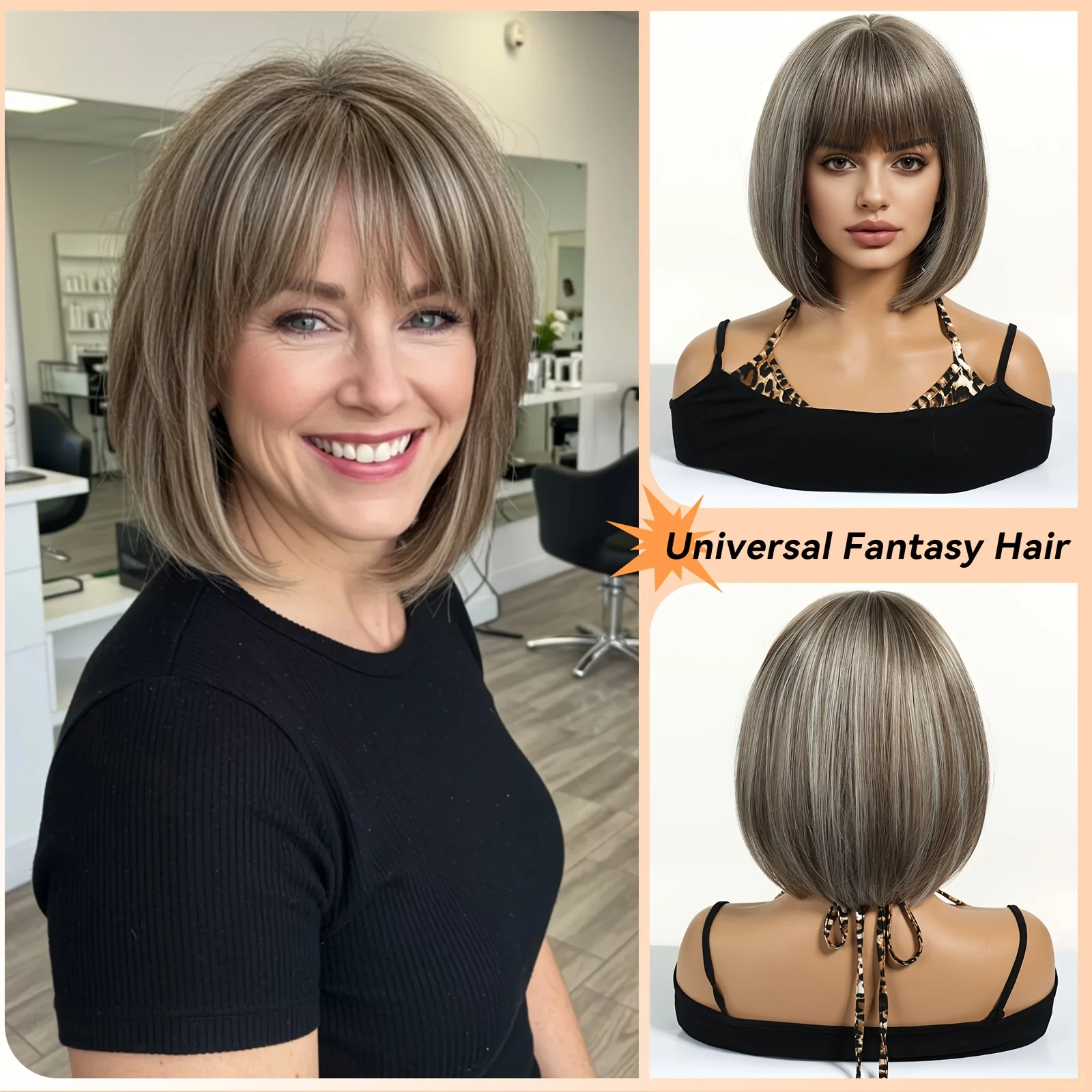 

Women's synthetic rose net wig with mixed colors and bangs, natural fluffy suitable for basic daily life and work