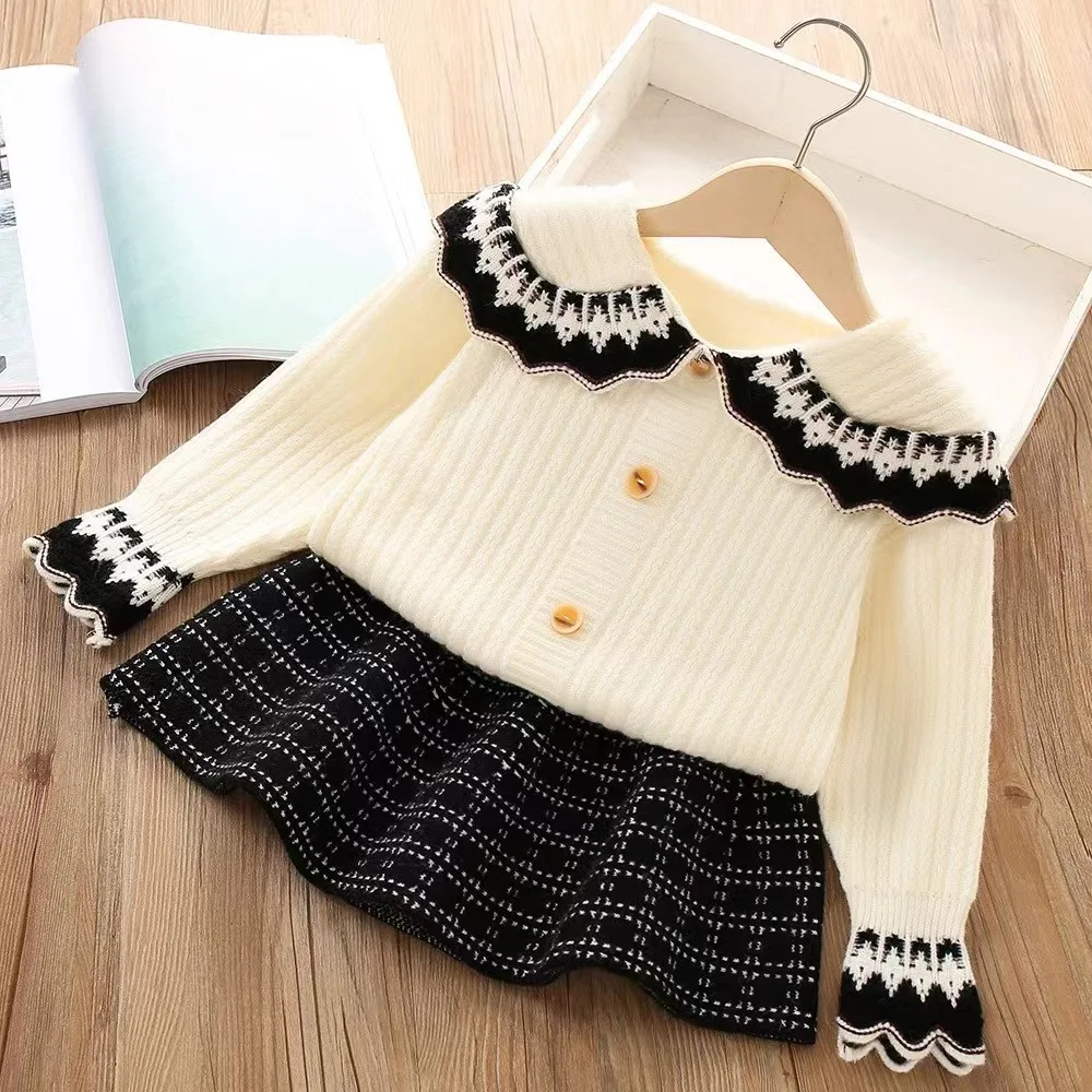 Spring Autumn 1-6Y Girls 2PCS Clothes Set Peter Pan Collar Contrast Kid Girl Cardigan Preppy Look Plaid Toddler Girls Skirt Suit