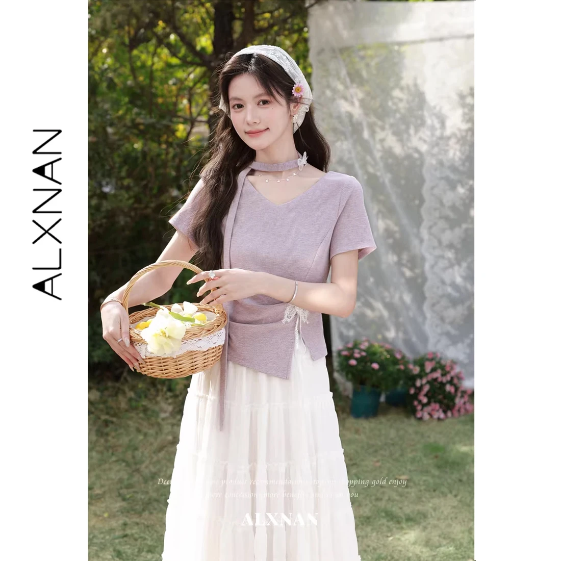 ALXNAN Purple Short Sleeve T-shirt V-neck Lace Butterfly Slit Design Elegant T-shirts Summer Female Tops with Streamers L62923