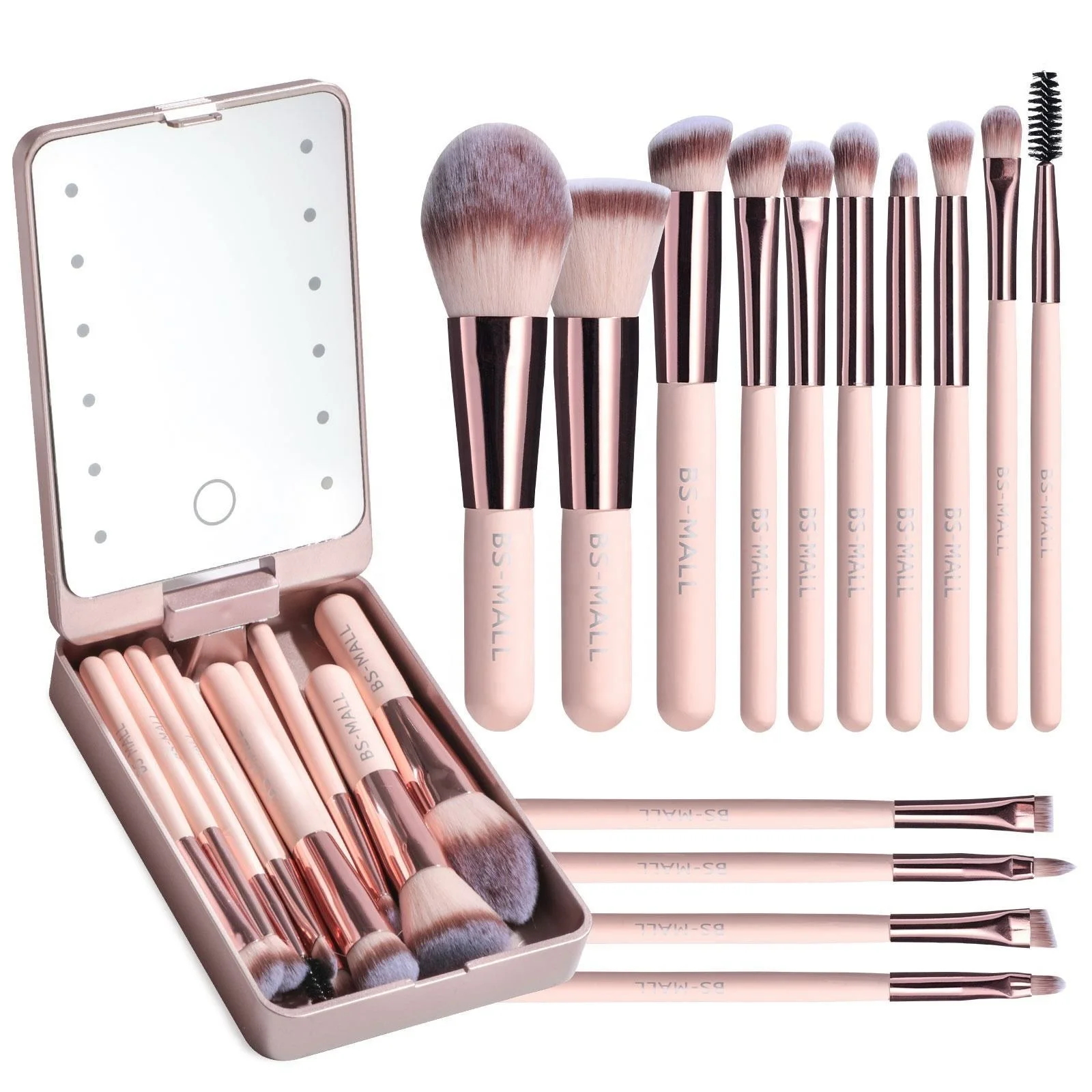 

BS-MALL Hot Sale Portable Travel Makeup Brush 14PCS Pink Gold Custom Logo Vegetarian Custom Makeup Brush with Light Emitting