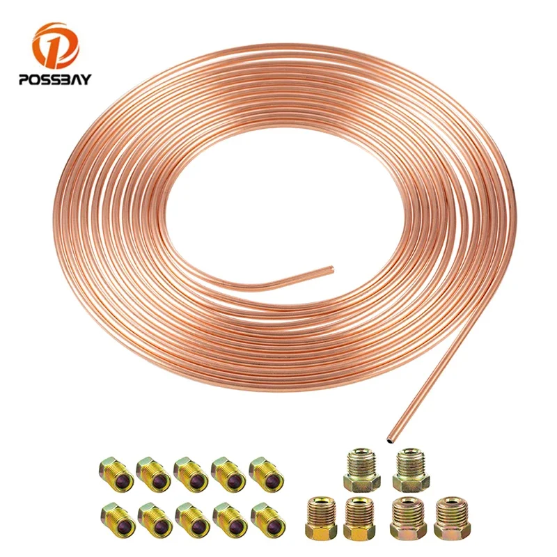 25 Ft Car Copper-Nickel Brake Line Tubing Coil and Fitting Accessory Kits 3/16 OD Hoses Fittings Spring Auto Accessories Parts