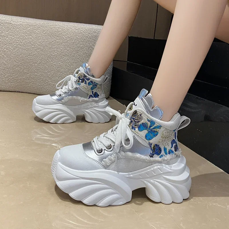 New Women Casual Platform Sneakers 8.5CM High Heels Autumn Sports Leather Shoes Breathable Trainers Chunky Zapatos Mujer