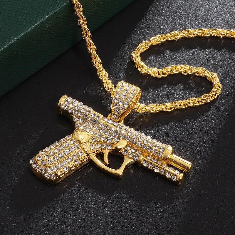 Hip-hop style small pistol necklace with embedded diamonds for men. A must-have accessory for men's hip-hop style street parties view 2