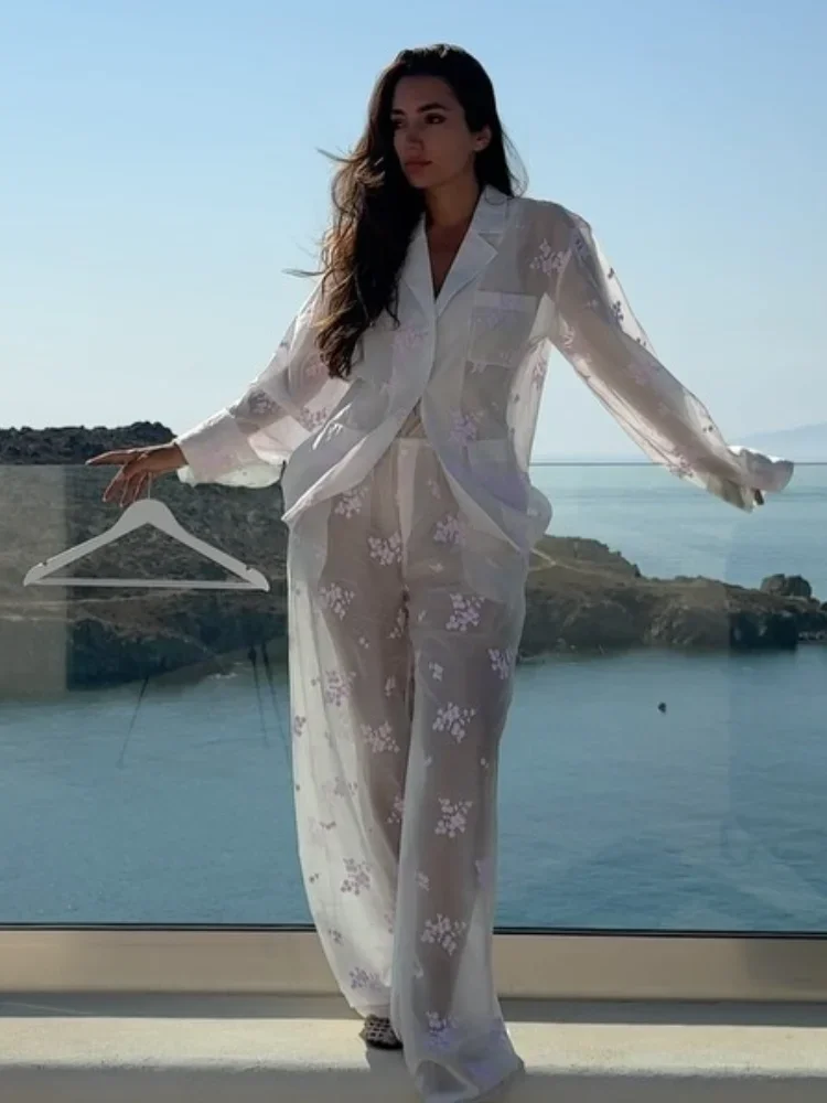Printed Transparent Long Pant Sets Women Chic Flip Collar Full Sleeves Loose Fit Pants 2-piece Suit 2026 Lady Summer Outfits