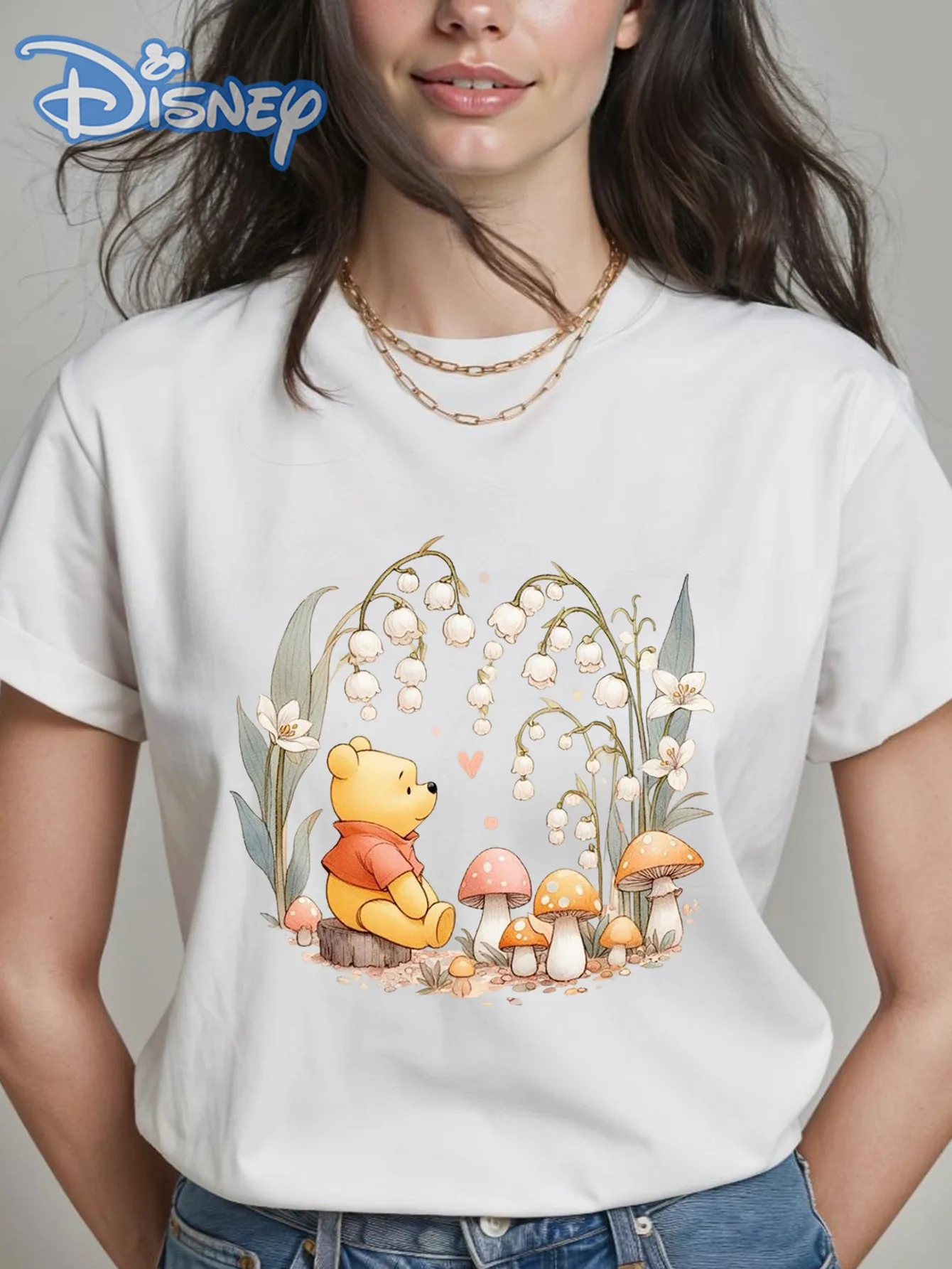 

2025 Disney Pattern Printed Women's Casual Comfortable Unique Smiling Face Black Round Neck Short Sleeve T-shirt