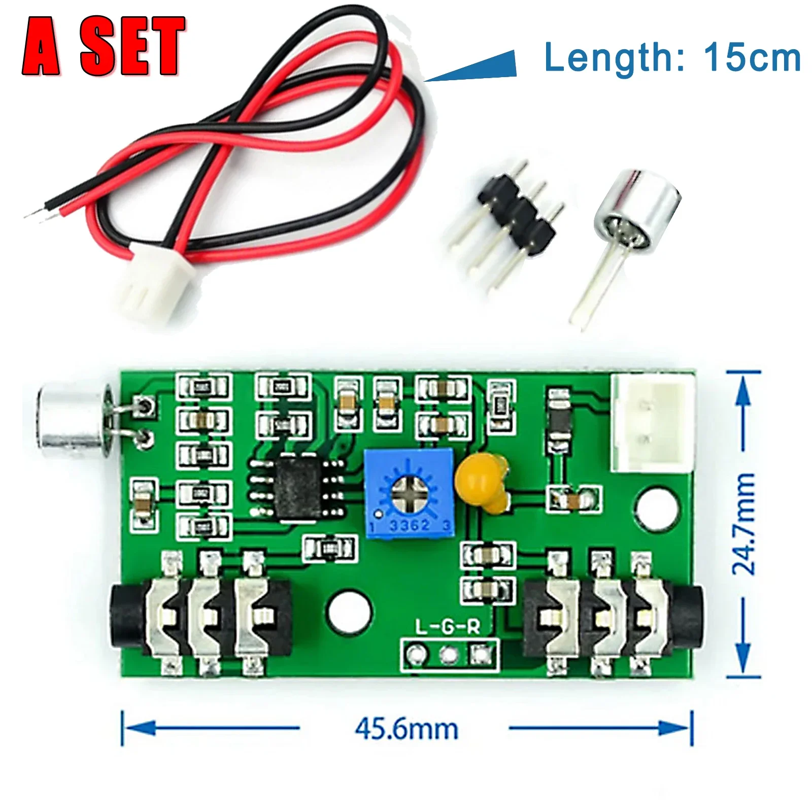 1Set Microphone Preamplifier Module, Gain Adjustable Audio Amplifier Board, AC Signal Amplifier with Mic, Power Cable Pin Header
