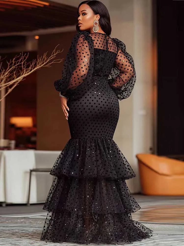 Vestidos sexy mulher reunindo empilhado ruched maxi sereia vestido dot malha puff manga longo vestido de festa preto plus size vestido gordinho