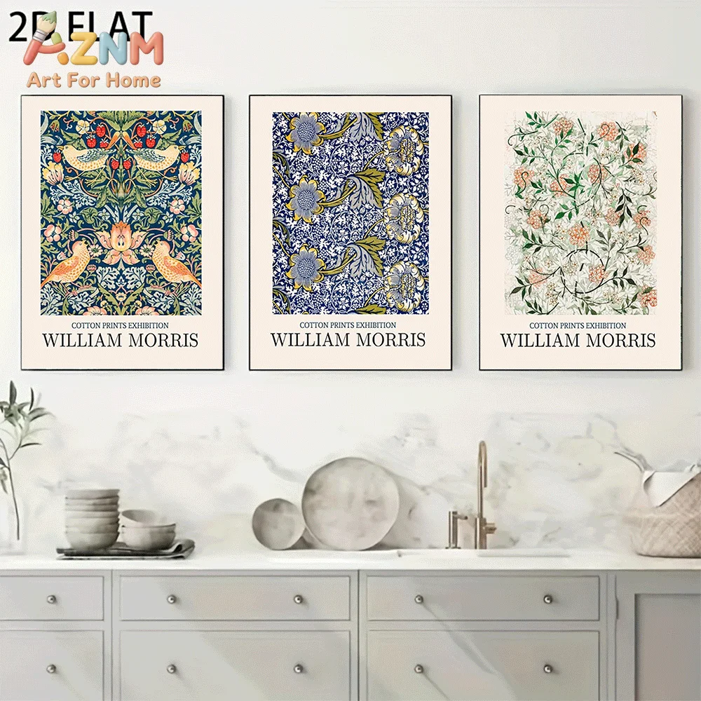 AZNM William Morris Canvas Wall Art, Vintage Floral Bird Botanical Pattern Exhibition Poster Frameless Print for Living Room Hom