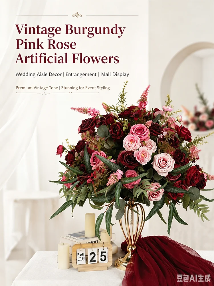 Burgunderrot, Rosa Rose, Grüne Blätter, Hochzeitstisch-Mittelstück, Blumenball-Dekoration, Kirchen-Bankett-Arrangement, Blumen-Event-Bühnen-Requisite – Detail 1