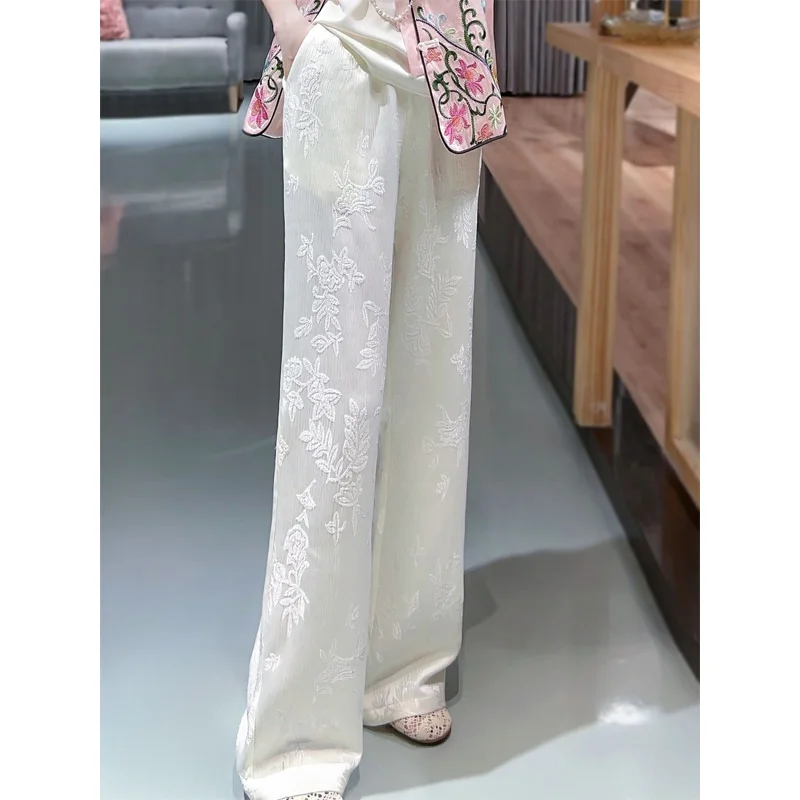 2023 New Spring and Autumn Luxury Retro High Waist Embroidery Slim and Simple Versatile Loose Casual Women's Wide Leg Pants