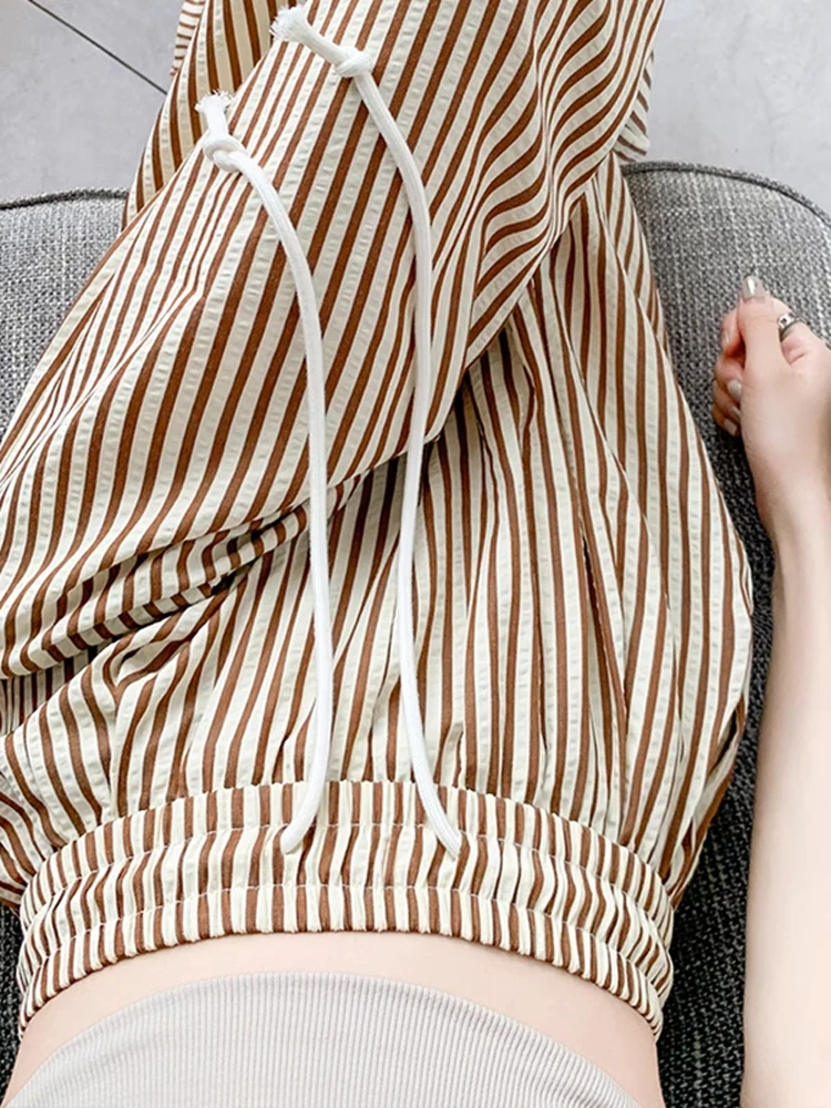 

Повседневные брюки с высокой талией и широкими штанинами для женщин, летние, стройнящие, свободного кроя, прямые брюки, маленький размер, в полоску, верхняя одежда