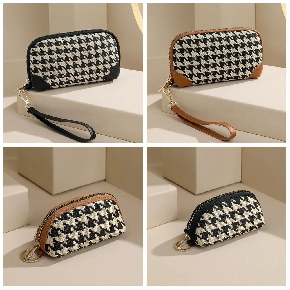 Fashion Pu Leather Long Style Wallet Canvas Car Key Bag Houndstooth Zipper Purse Handbag Card Holder Square Change Purse Travel