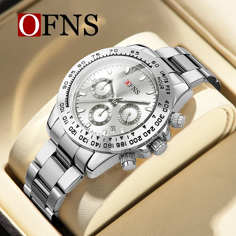 

OFNS Top Brand 1525 New Leisure Men's Quartz Watch Calendar Steel Band Six Needle Large dial Waterproof Men's Watches