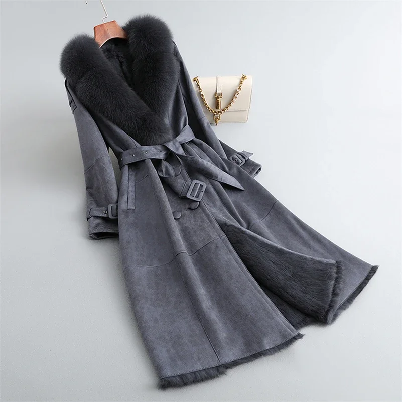 Winter Long Rabbit Fur Linging Coat Jacket Female Fox Fur Collar Coats Lady Over Size Parka Trench CT279