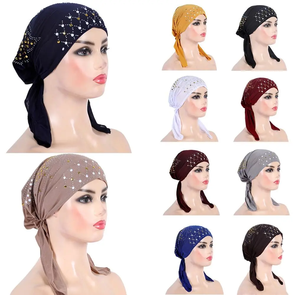 

Fashion Gold Sequins Turban Hijab Solid Color Breathable Pull On Headwrap Soft Cotton Headscarf Hat