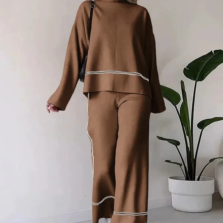 Women Knitting Two-piece Set Home Autumn Winter Fashion Contrasting Half Turtleneck Loose Top Wide Leg Pants Knitted Outfit