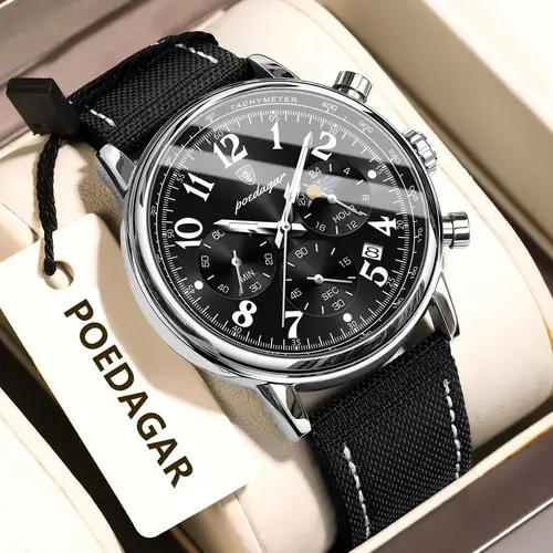 Imagen 2 del producto POEDAGAR, reloj militar deportivo de lujo para hombre, cronógrafo luminoso resistente al agua, reloj de pulsera de cuero de nailon con fecha para hombre, relojes de cuarzo para hombre