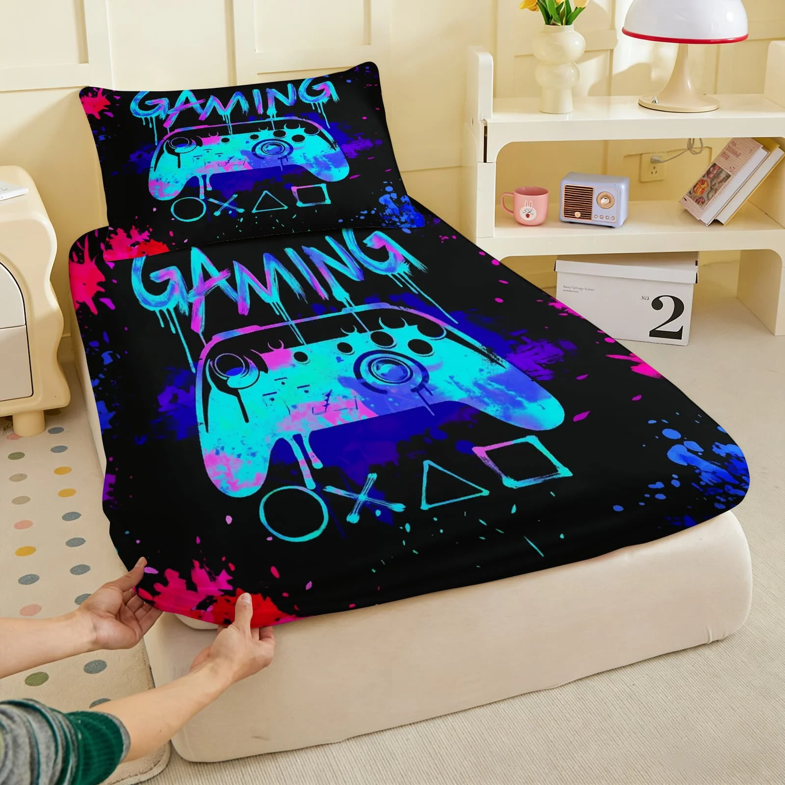 1pc Neon Gaming Controller Graffiti Print Fitted Sheet Deep Pocket Elastic Mattress Cover Single Double Queen King Bedroom Decor