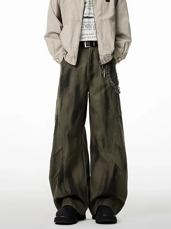 

Мужские повседневные широкие джинсы с американскими рукавами, винтажные потертые свободные прямые джинсы-трубы, модные молодежные джинсы с ножом