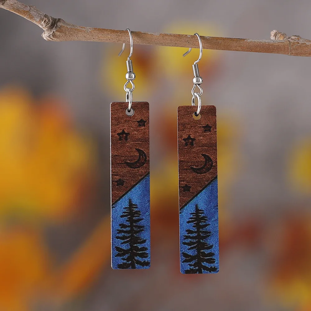 new western pine tree star moon rectangular geometric pendant earrings women's wooden double-sided earrings