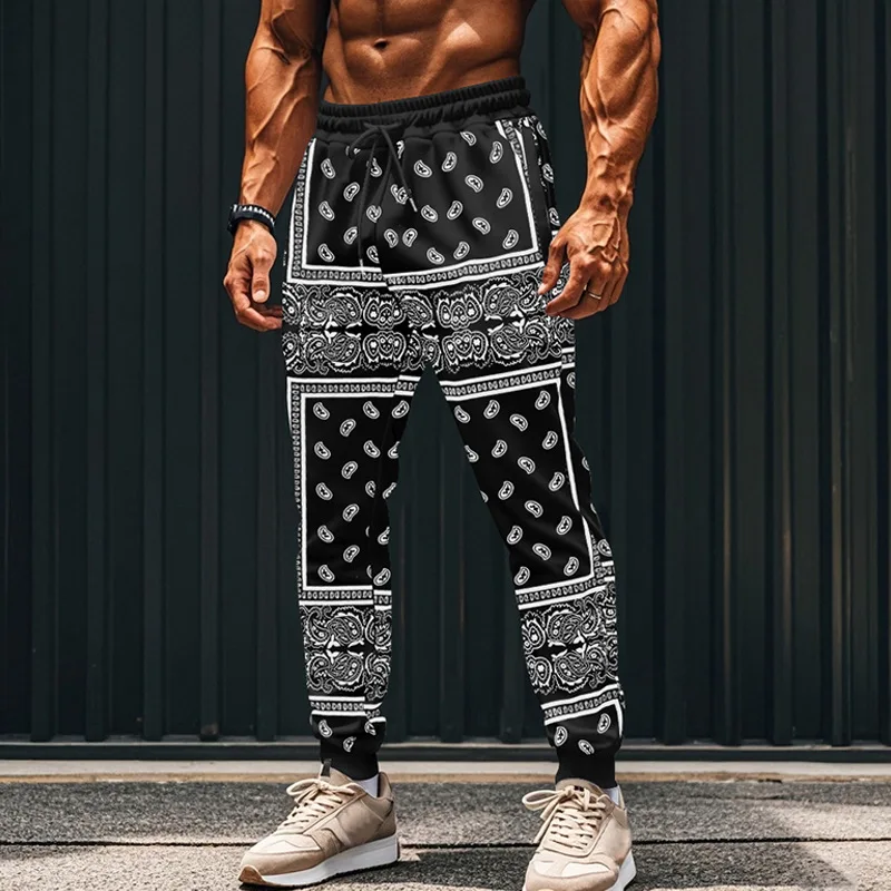 European and American Style Paisley Trousers Fashion Brand Elastic Waist Ankle-Tied Skinny Sports Casual Pants Men\'s Clothing