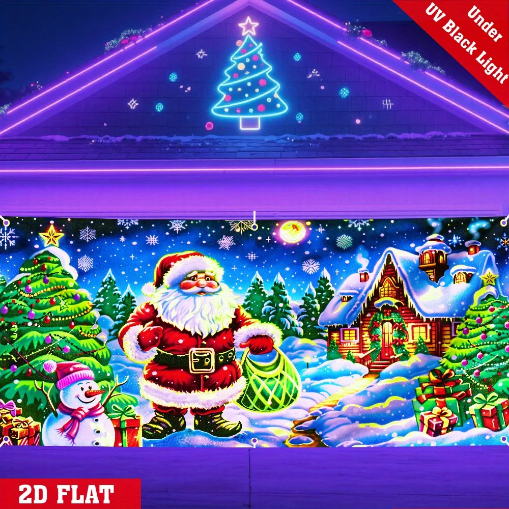 2D Flat, 1pc UV-Activated Glow-in-the-Dark Christmas Tapestry Door Flag - Self-Lit Santa Claus with Snowy House & Tree Design, 7