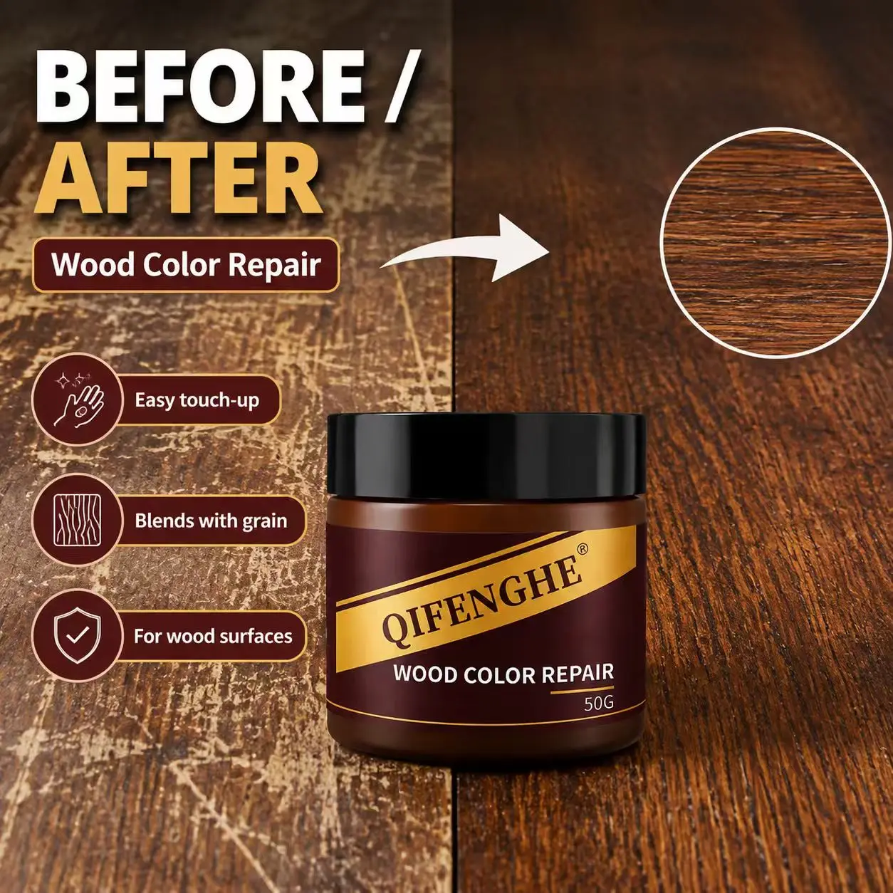 Wood Scratch Repair Cream 50g Furniture Color Touch Up Paste for Tables Cabinets Surface Damage Restorer Easy Apply Blend Wipe