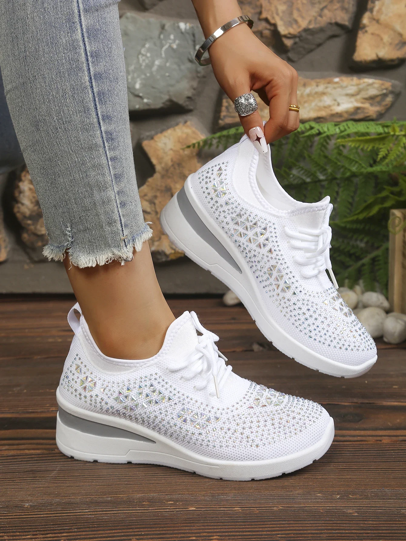 Damen Casual Walking Sneakers Atmungsaktives Mesh Geometrische Strass Versteckte Höhe Keilabsatz Plateau-Schuhe Kostenloser Versand Schuhe – Detail 30