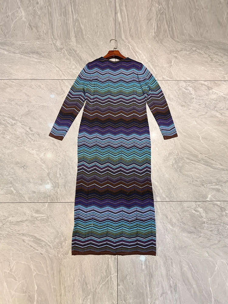 Spring Summer Fashion Vintage Zigzag Pattern Knitting Long Style Cardigan Women's V-Neck Long Sleeve Gold thread Loose Coat
