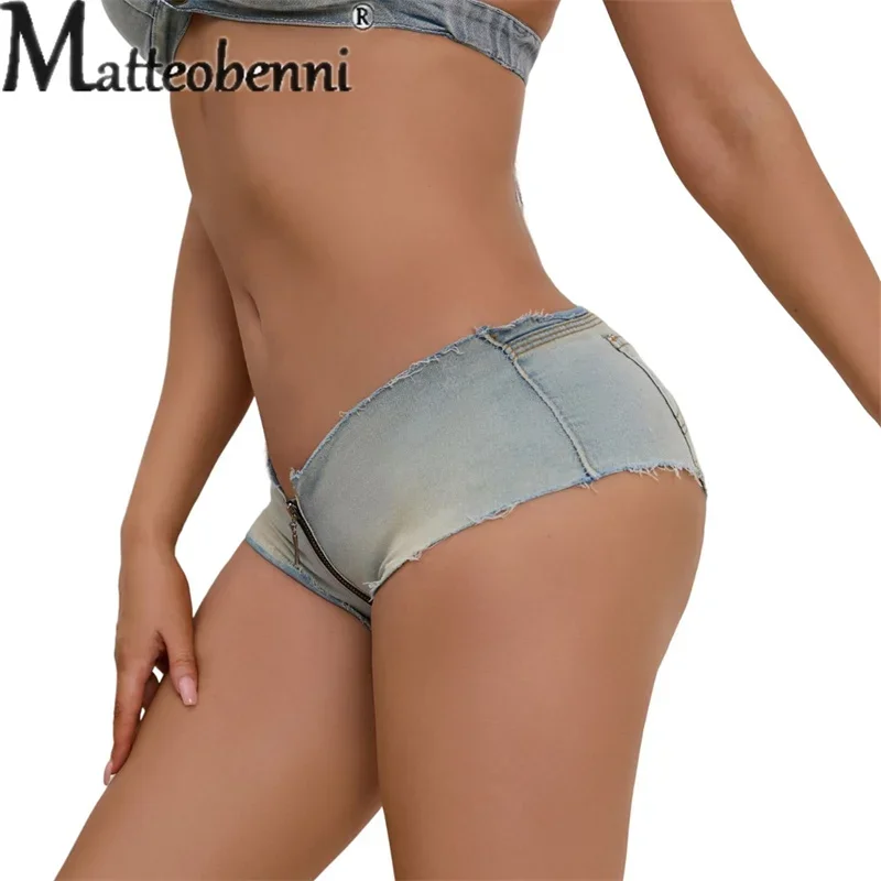 Sexy Low Waist Zipper Splicing Stretch Denim Shorts Ladies Stage Show Party Light Blue Triangle Pants Women's Casual Tight Jeans
