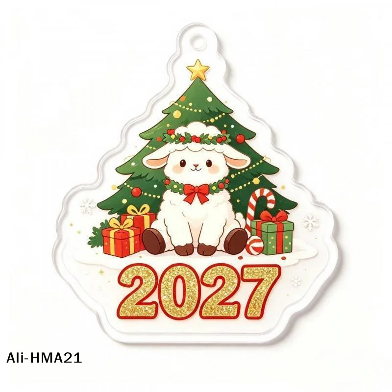 【H】2027 Christmas Acrylic Hanging Ornament Cute Cartoon Sheep Pattern Glitter Print For Xmas Tree Home New Year Decoration